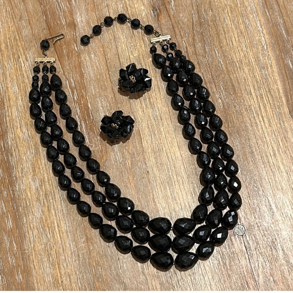 Vintage Germany Black 3 Strand Beaded Necklace. Choker & Matching Earrings set